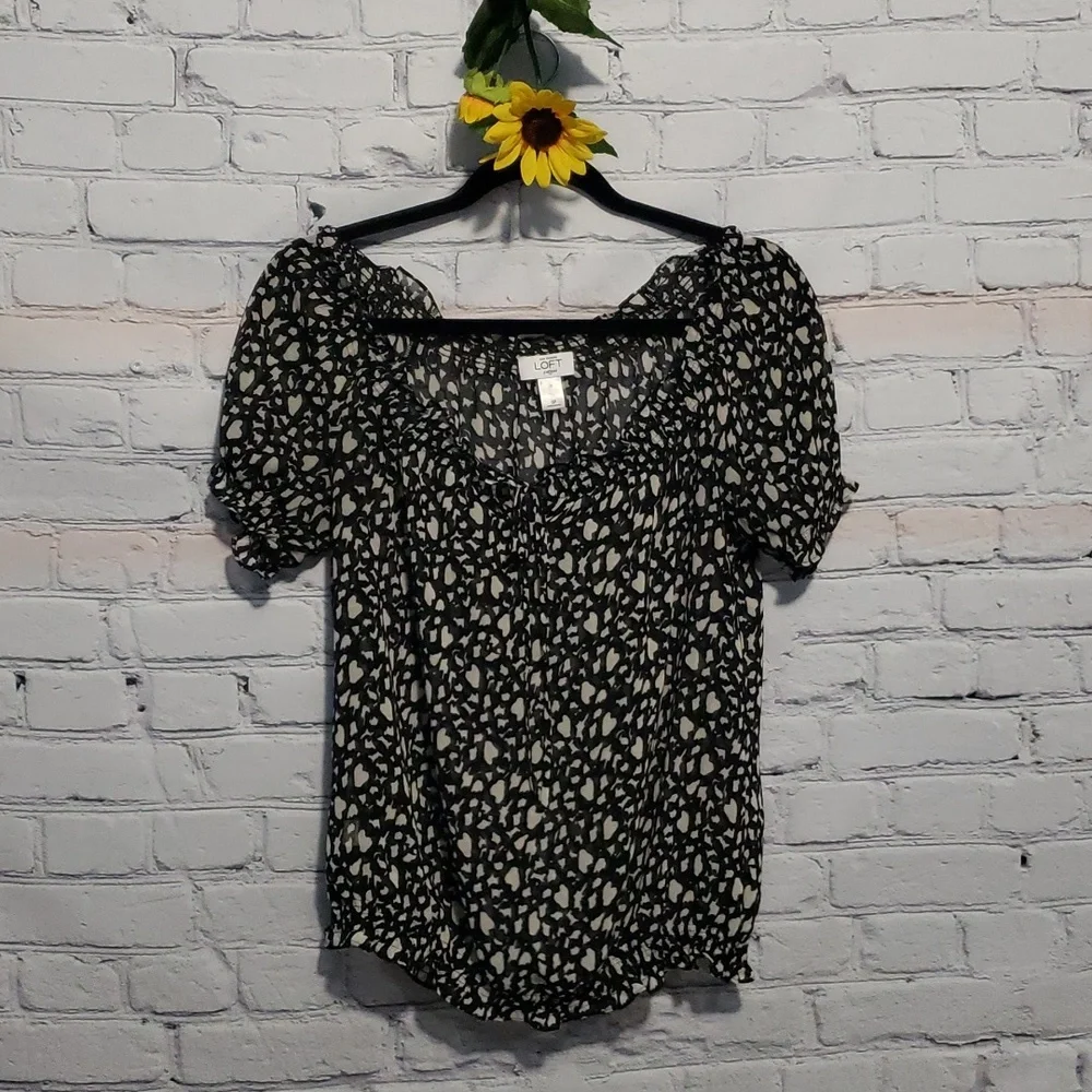 Ann Taylor LOFT sheer blouse black white Sz S petite off-shoulder